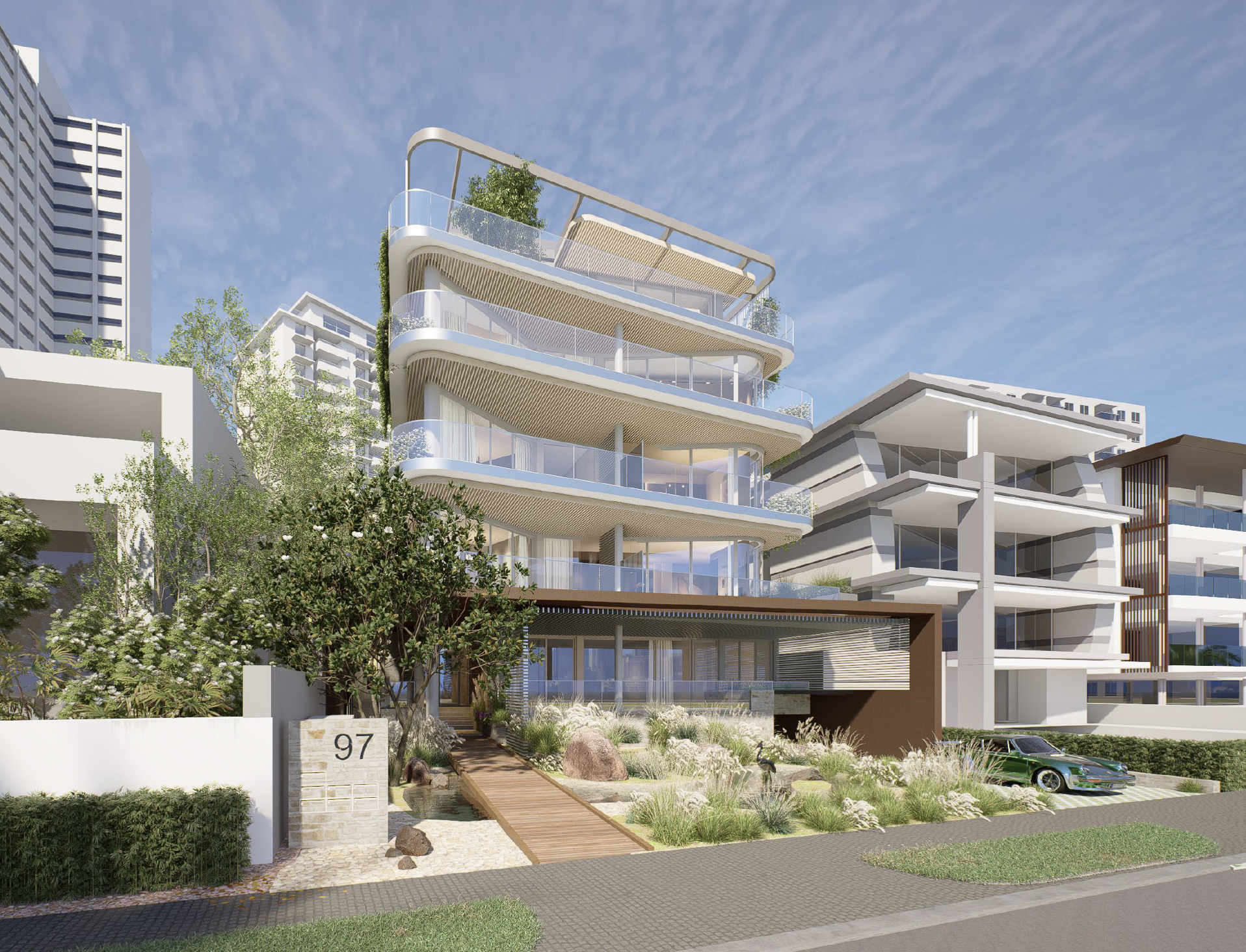 3d rendering of 97 South Perth Esplanade South Perth luxury apartment building facade